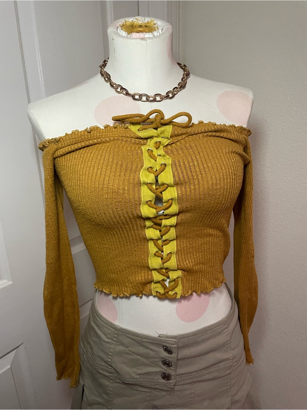 Better Be Mustard Yellow Off-Shoulder Lace-Up Ribbed Crop Top